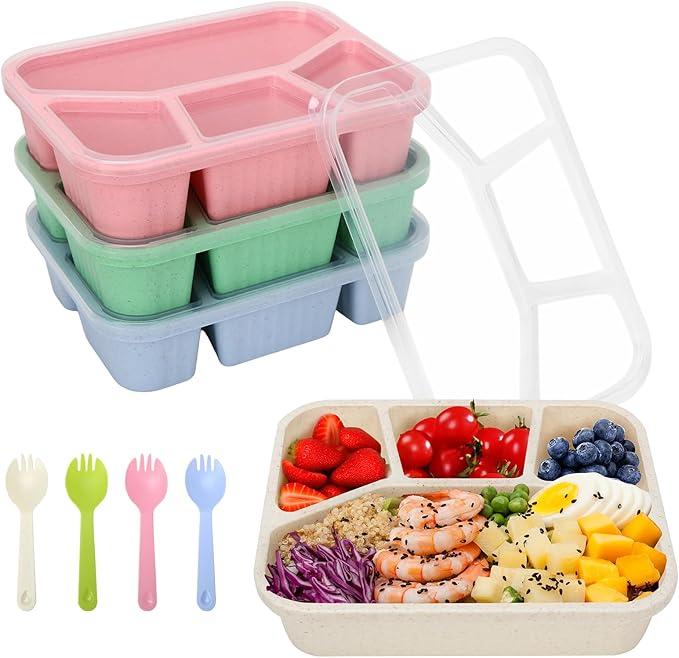 4 Pack Bento Lunch Box Set, 4 Compartment Food Storage Containers, Meal Prep Lunch Box,Plastic Food Storage Containers, Microwave and Dishwasher Safe (33oz)