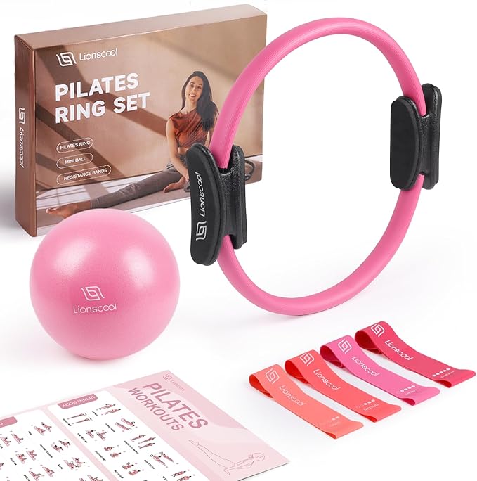 LIONSCOOL Pilates Ring Set – 14" Anti-Deformation Magic Circle with Padded Handles, Mini Ball, Resistance Bands, Guide & Bag