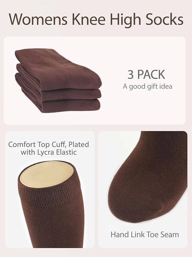 COTTON DAY Women's Soft Combed Cotton Knee High Long Calf Dress Socks Seamless Toe Black White Gray Navy Blue Brown