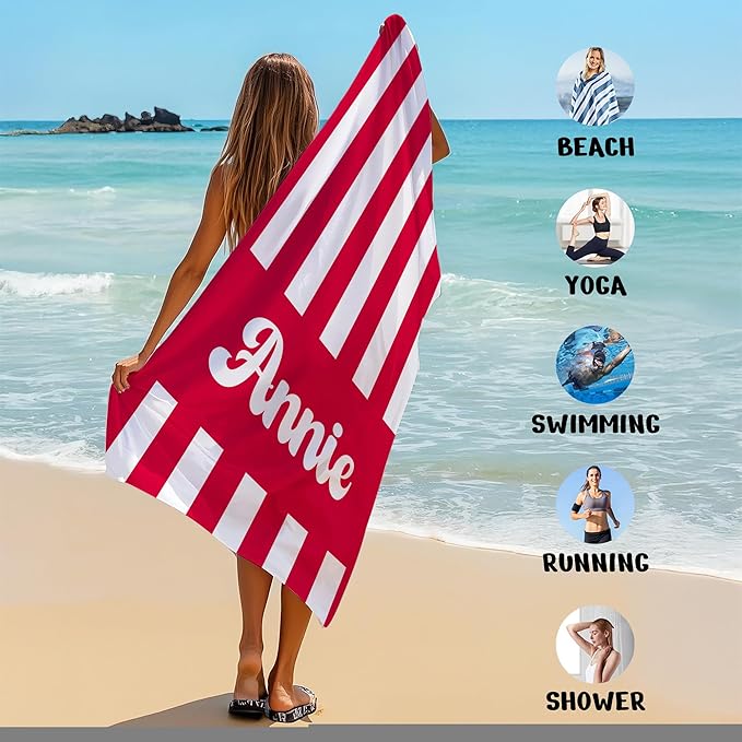 JML Personalized Beach Towel with Name, Custom Cabana Stripe Beach Towel, Customized Microfiber Pool Towel, Quick Dry & Absorbent Swim Towel for Adult,Mother's Day, Birthday, Summer Holiday,Vacation