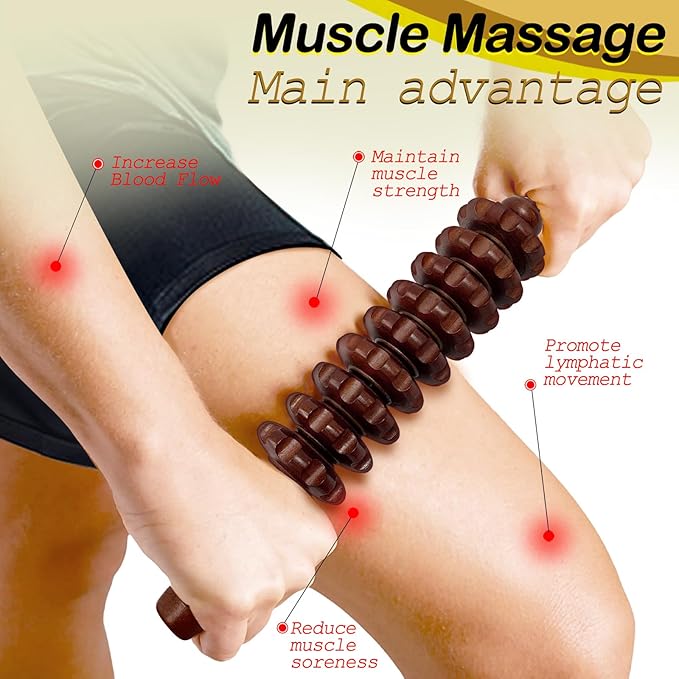 Manual Massager Wooden Handheld Roller Trigger Point Massage Stick for Fascia, Cellulite, Muscle & Abdomen, Body Therapy Massager, Muscle Belly Relief Tool, Coffee