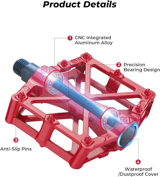 KEMIMOTO Mountain Bike Pedals MTB Bicycle Flat Pedals, 9/16'' CNC Aluminum Durable Sealed Bearings for Most Bikes BMX MTB Enduro Downhill Trail (Two Pack) (Red)