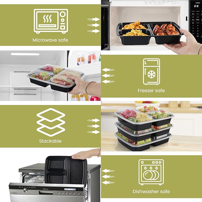 32oz Meal Prep Containers 3 Compartment: 20 Pack Plastic To Go Food Containers Reusable, Leakproof Food Storage with Lids for Takeout, BPA-Free, Microwave/Dishwasher/Freezer Safe