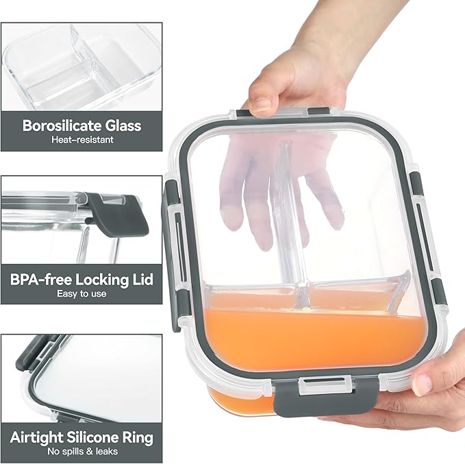 BAYZZ 5 Pack 35 Oz Glass Meal Prep Containers 3 Compartments, Glass Food Storage Containers, Lunch Bento Box with Airtight Lids, Microwave, Freezer & Dishwasher Safe