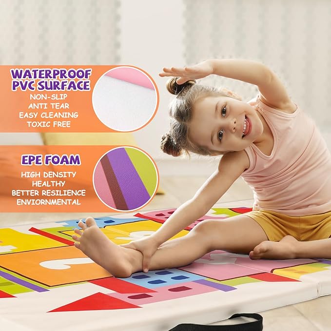 Kangaroo Hoppers Gymnastics Tumbling Mats for Kids, Foldable Gym Mat with Carrying Handles for Home Activity Play