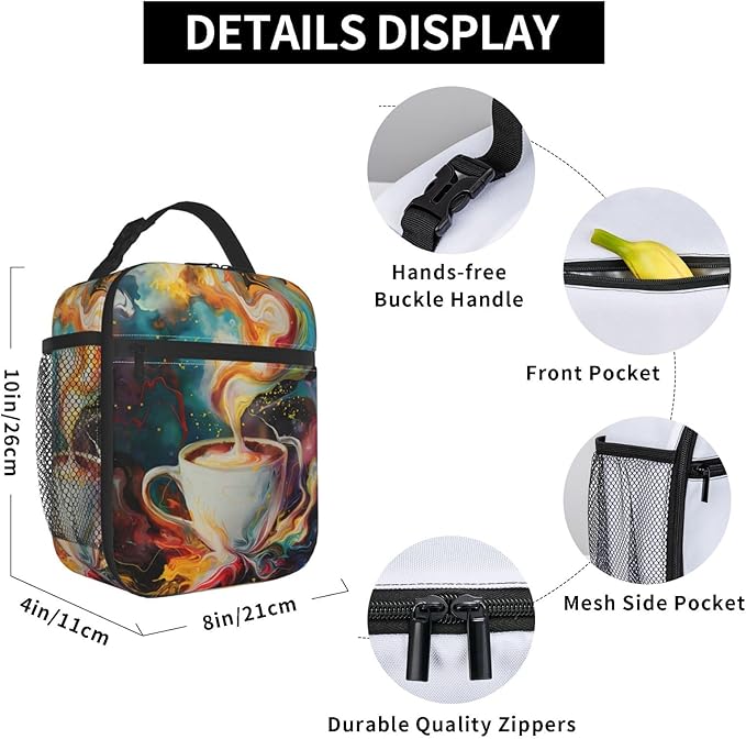 Insulated Lunch Box for Women Men, Coffee Cup Theme Lunch Box Reusable Portable Lunch Bag Cooler Tote Waterproof Lunch Container for Office Picnic Work Travel Hiking