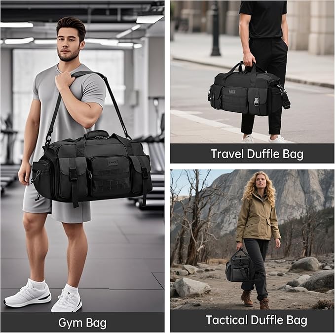 Duffle Bag for Men Women, Gym Bags & Tactical Duffle Bag with Shoe Compartment, Weekender Overnight Bag for Travel Workout, Black