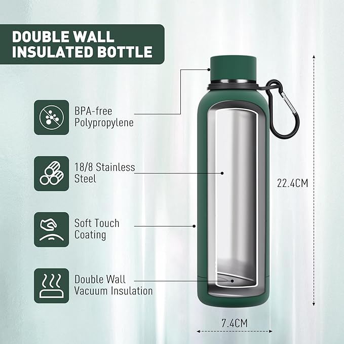 Slim Insulated Water Bottles for Travel 18oz with Clip, Double Wall Vacuum Stainless Steel Water Bottle Keeps Drinks Cold 24 Hrs/Hot 12 Hrs, 100% Leakproof, BPA Free(Emerald Green)