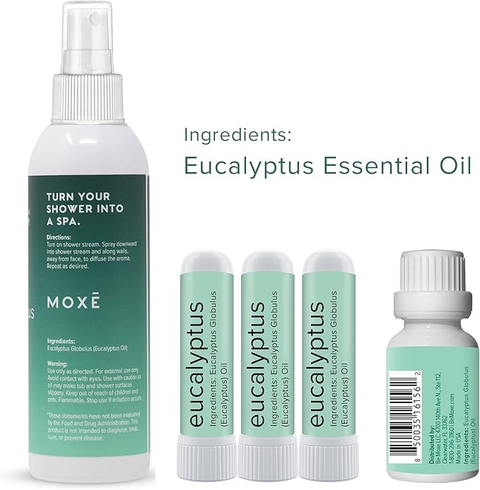 MOXĒ Eucalyptus Aromatherapy Gift Set, Essential Oil, Shower Steamer Spray, Portable Nasal Inhalers, Diffuser Essential Oil, Sinus & Congestion Relief, Therapeutic Grade, Made in USA