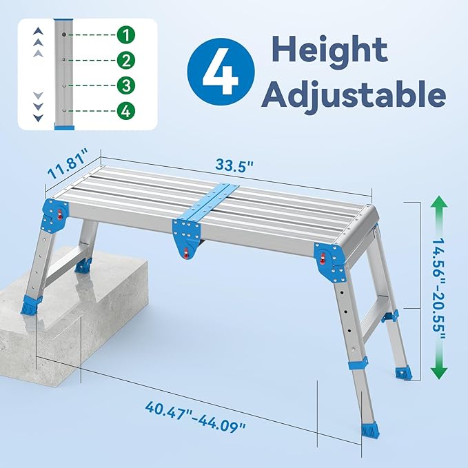Work Platform 500 Lbs Capacity, Foldind Step Stool with One-Touch Automatic Fold, 4 Height Adjustment Step Platform, Perfect for RV Cleaning, Home Painting and Reaching High Places