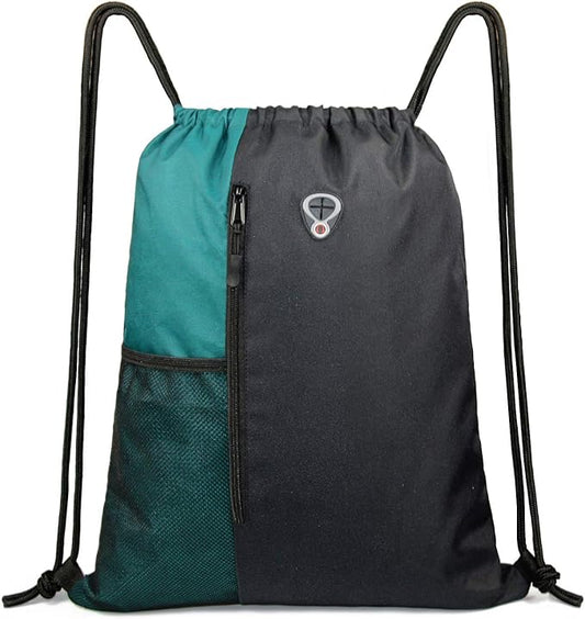 Drawstring Backpack Sports Gym Bag for Women Men Large Lightweight Backpack with Zipper and Water Bottle Mesh Pockets (Black/Teal)