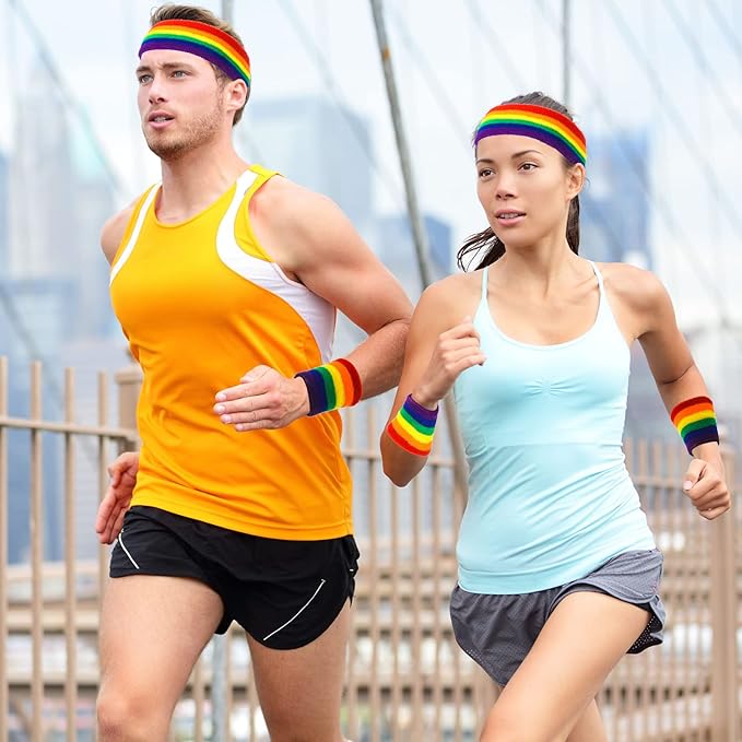 48 Pcs Football Sweatbands Bulk for Men Women Striped Sweatband Set, Include 16 Headband and 32 Wristbands Sports Neon Accessories for 80's Costume Party Athletic Gym