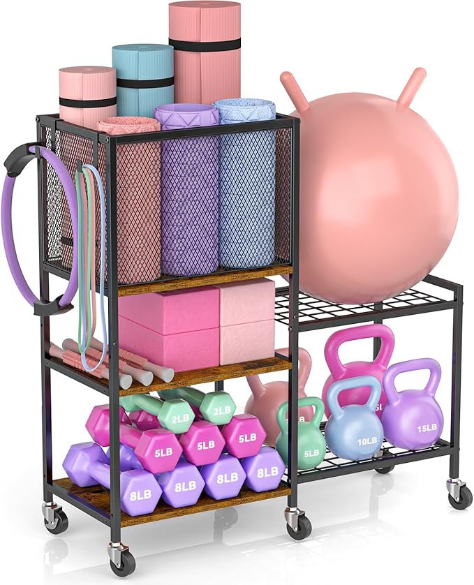 5 Tier Dumbbell Rack, Yoga Mat Storage Holder, Home Gym Storage Rack, Workout Equipment Storage Organizer, Weight Storage Holder Rack with Hooks and Wheels