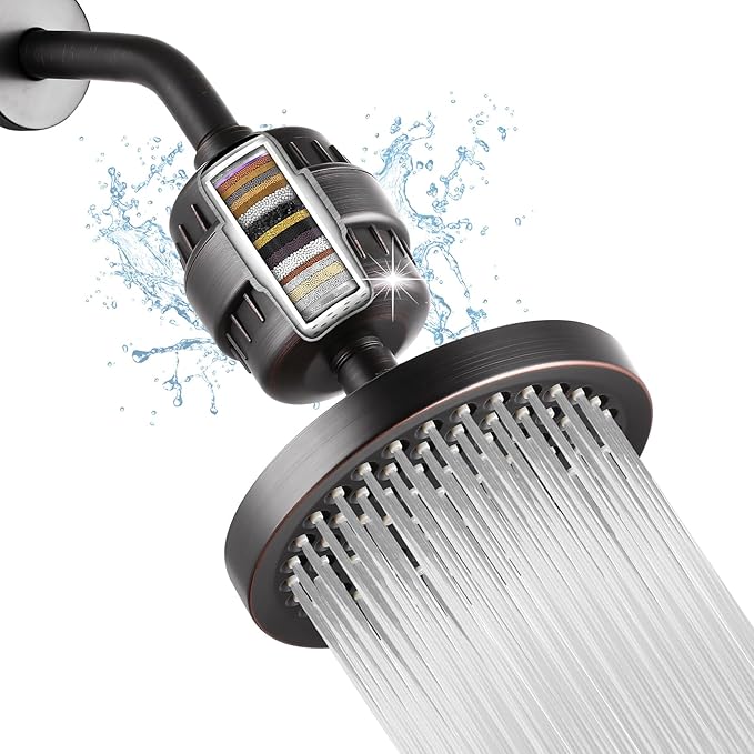High Pressure Filtered Shower Head Set, 6’’ Rain Shower Filter for Hard Water, Universal Round Showerhead 20 Stage Filtration Removes Impurities for Rejuvenated Skin by Eolax, Oil-Rubbed Bronze