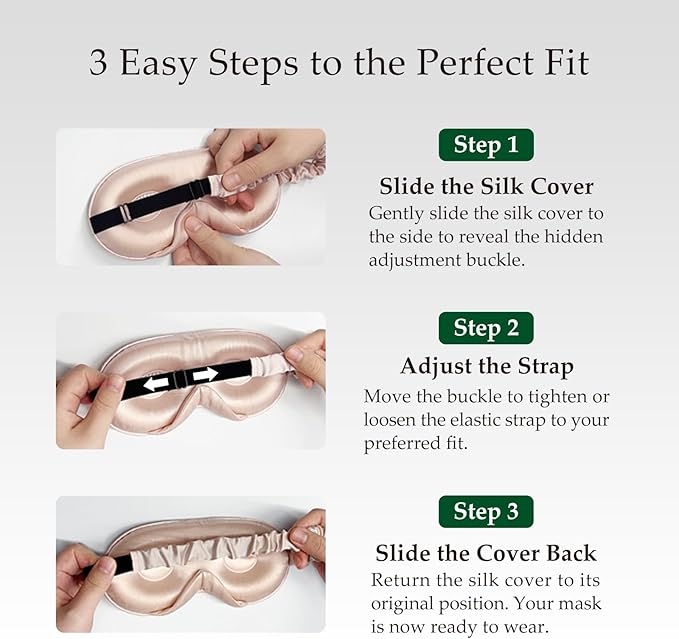 100% Mulberry Silk Sleep Mask for Unisex, 22 Momme 3D Silk Contoured Eye Mask, Breathable Light Blocking Blindfold with Adjustable Strap, Blackout Eye Cover for Travel, Black