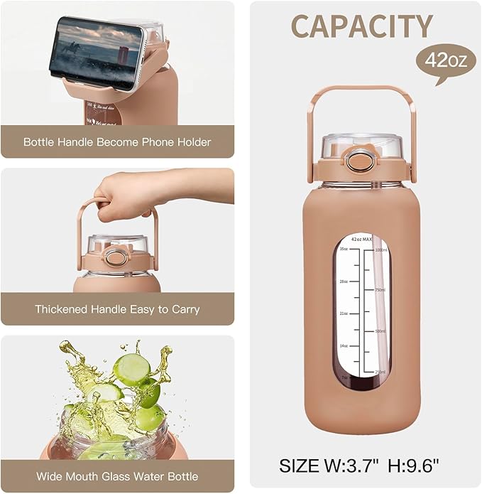 42oz/52oz/64oz Glass Water Bolttles with Straw Half Gallon Large Motivational Water Bottle with Time Marker Sports Water Bottles with Silicone Sleeve and Handle Lid Water Jug for Gym Workout