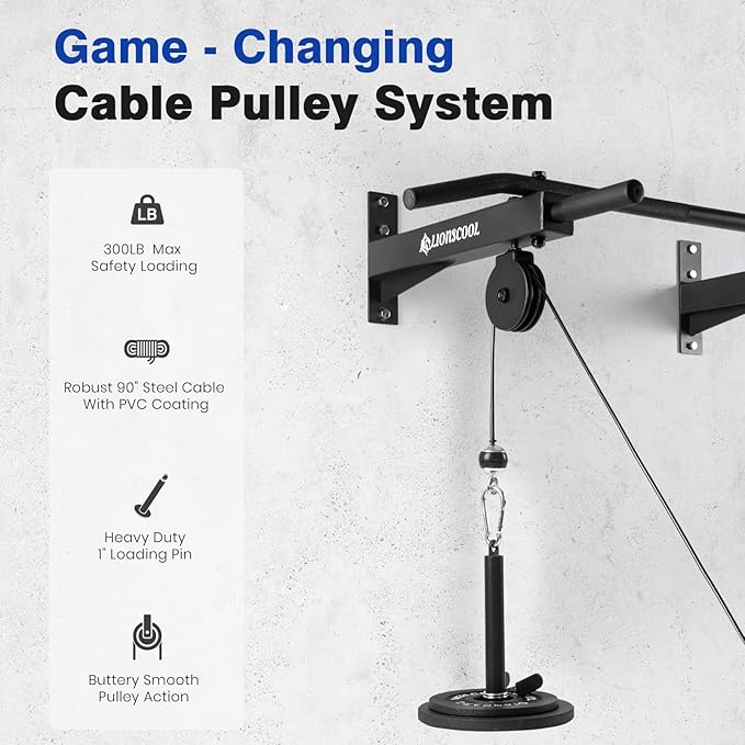 LIONSCOOL Multifunctional Wall Mounted Pull Up Bar with Pulley System, 48" and 16"/24" Multi-Grip Chin Up Bar, Cable Pulley Attachments Included, Perfect for Upper Body Workouts
