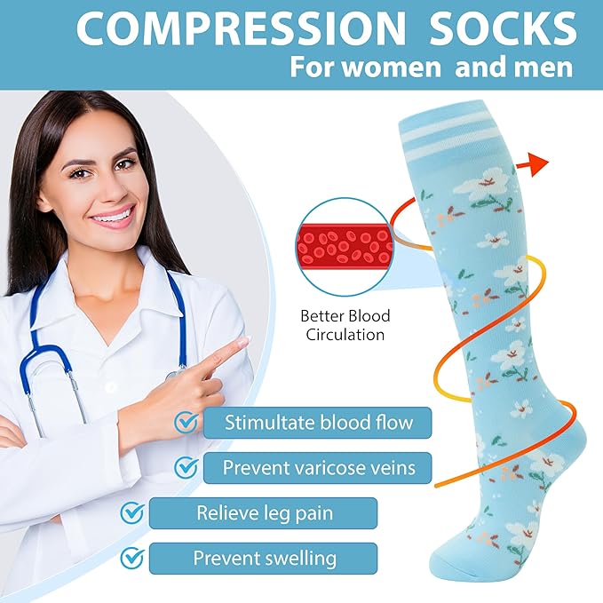 fenglaoda Compression Socks for Women Men Knee High 3 Pairs Support for Nurses, Travel, Circulation, Athletic, Pregnancy