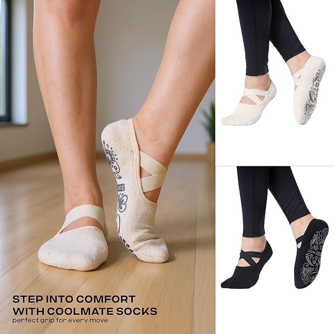 CoolMate Pilates Socks with Grips for Women, Yoga Socks, Crew Non Slip Women for Workout, Barre, Pilates Gifts