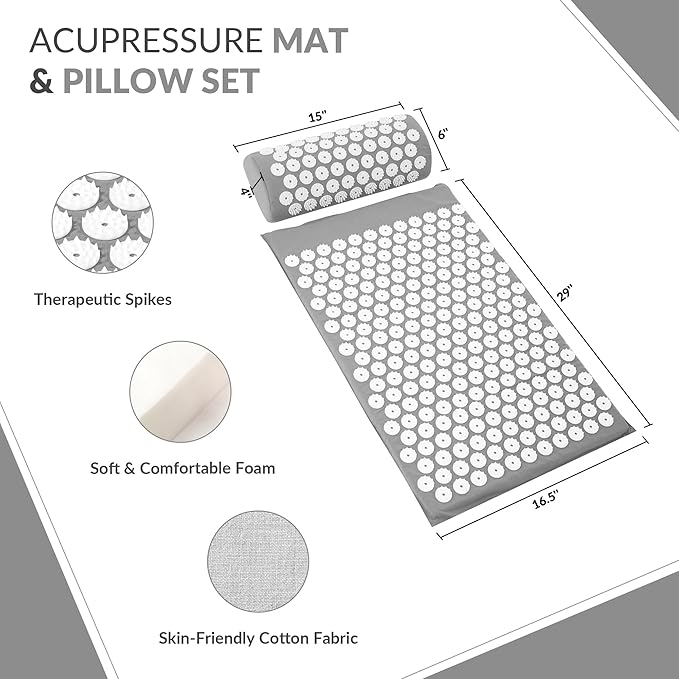 Fitvids Acupressure Mat and Pillow Set for Back/Neck Pain, Acupuncture Products to Relieve Muscle Fatigue, Improve Insomnia for Sedentary People, Acupuncture Eases Stress, Massage Mat, Grey