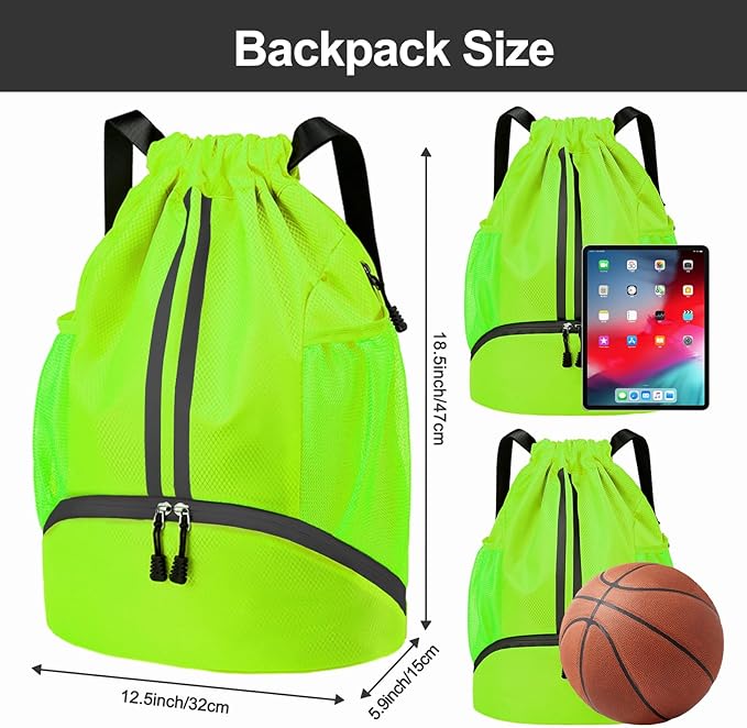 Hoedia Sports Drawstring Backpack - String Swim Gym Bag with Shoes Compartment and Wet Proof Pocket for Women&Men (Green)
