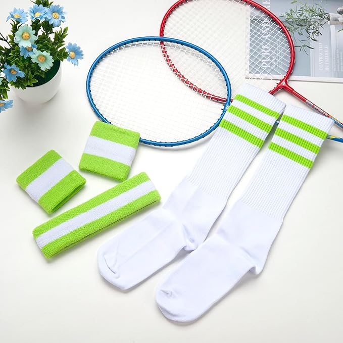 ONUPGO 5 Pieces Sweatbands Striped Socks Set Sports Headband Wristbands High Tube Socks 80s Accessories Costumes