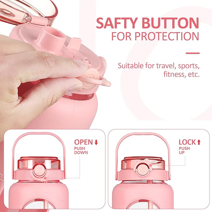 BLUEGO 64oz Glass Water Bottles with Straw Time Marker Half Gallon Large Motivational Water Bottle with Silicone Sleeve 2 Liter Large Glass Water Jug for Gym, Sports& Workout, Daily, Pink