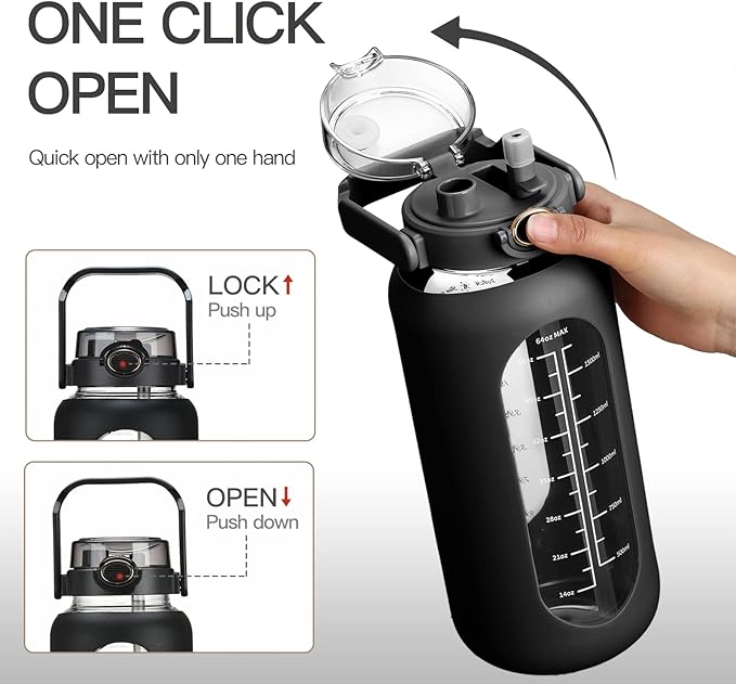 64oz Glass Water Bolttles with Straw Half Gallon Large Motivational Water Bottle with Time Marker Sports Water Bottles with Silicone Sleeve and Handle Lid Water Jug for Gym Workout