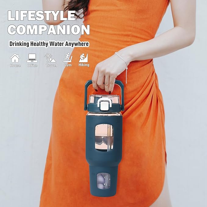 BLUEGO 40 oz Glass Water Bottle with Straw, Leakproof Glass Drinking Bottle with Time Marker and Silicone Sleeve, Wide Mouth Water Bottle for Travel, Gym, Workout, Dark Blue