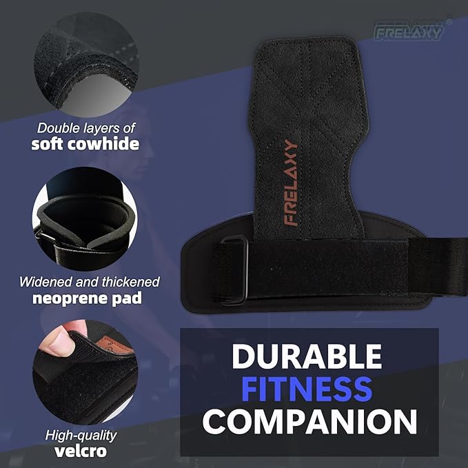 Frelaxy Lifting Wrist Straps Women and Men, Weight Lifting Grips with Cushion Wrist Loop, Double Layer Leather and Storage Pouch, Gym Workout Straps for Deadlift and Powerlifting