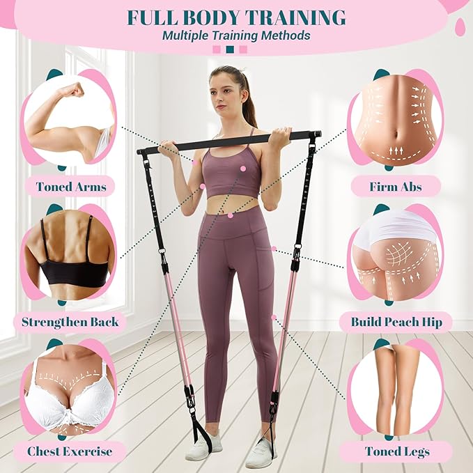 Pilates Bar Kit with Resistance Bands, Multifunctional Yoga Pilates Bar with Heavy-Duty Metal Adjustment Buckle, Portable Home Gym Pilates Resistance Bar Kit for Women Full Body Workouts