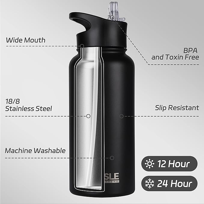 HASLE OUTFITTERS 32 oz Insulated Water Bottle Stainless Steel Double Walled Vacuum Sports Water Bottle with 2 Lids (Straw and Spout Lid) for Gym Camping Hiking(Black,4)