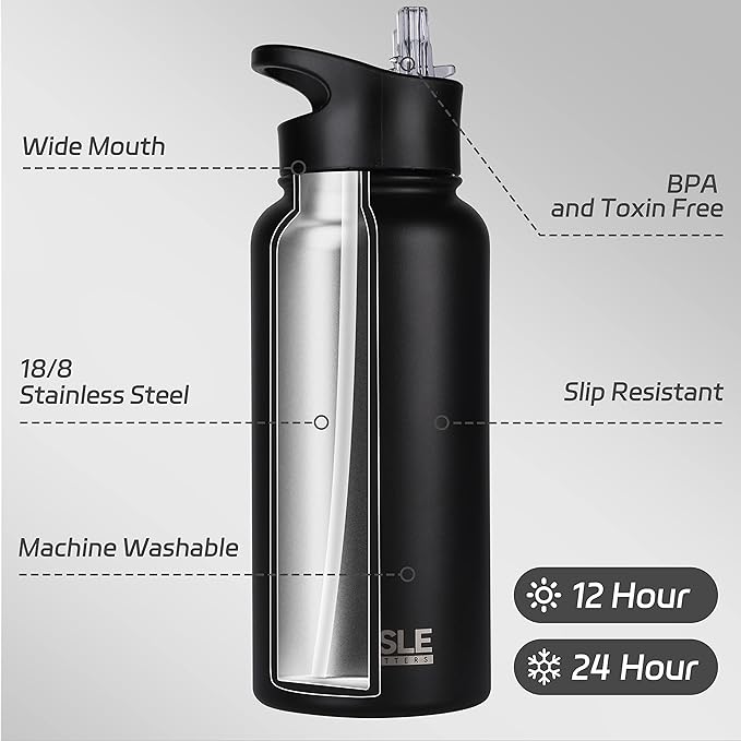 HASLE OUTFITTERS 32 oz Insulated Water Bottle Stainless Steel Double Walled Vacuum Sports Water Bottle with 2 Lids (Straw and Spout Lid) for Gym Camping Hiking(Black,8)
