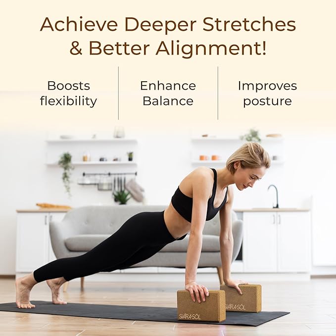 Cork Yoga Blocks 2 Pack | 9x6x3 Inch Natural Cork Block Set | High-Density Yoga Blocks for Stability & Support | Eco-Friendly Yoga Essentials