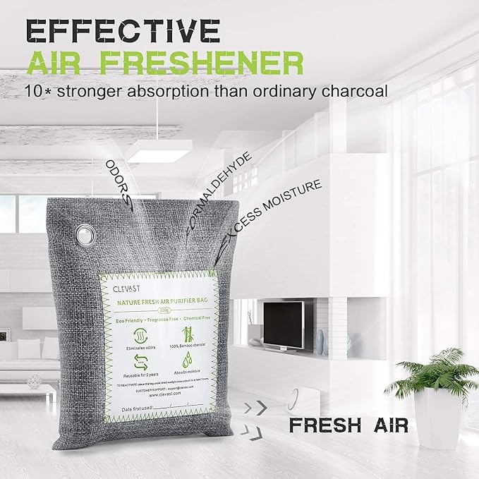 CLEVAST Bamboo Charcoal Air Purifying Bags (Large, 4×200g), Removes Odors and Moisture, Nature Fresh Air Purifier Bags, Odor Eliminator for Home, Car, Pets, Bathroom, Basement