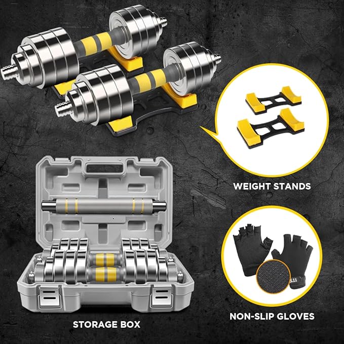 PHOEROS Adjustable Dumbbell Set - 44/66/88 LBS weights set, Dumbbell Barbell 3 in 1, Steel Dumbbells Pair with Connecting Rod for Adults Women Men Fitness Workout, Home Gym Exercise Training Equipment