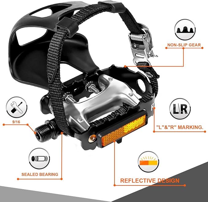 Bucklos Bike Pedals with Toe Cages and Straps - Bicycle Toe Clips Cage Compatible with Road Bike/Peloton/Mountian Bikes/MTB - Toe Clip Pedal for Wide Shoes Indoor Outdoor Cycling