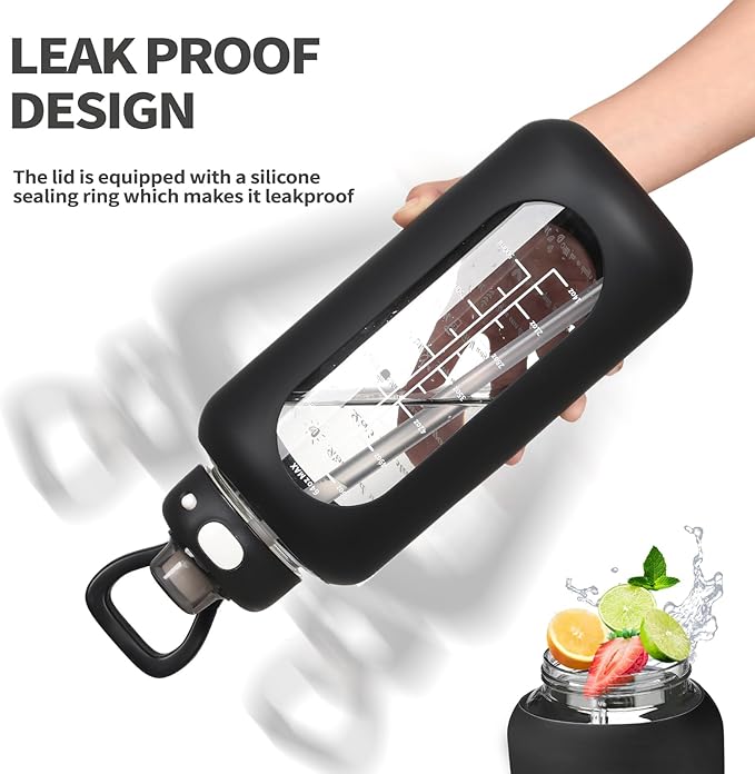 SIEROZUR 42 oz Glass Water Bottle with Straw and Handle, Large Sports Motivational Water Bottle Flask with Time Marker Leakproof Water Jug with Silicone Sleeve for Gym