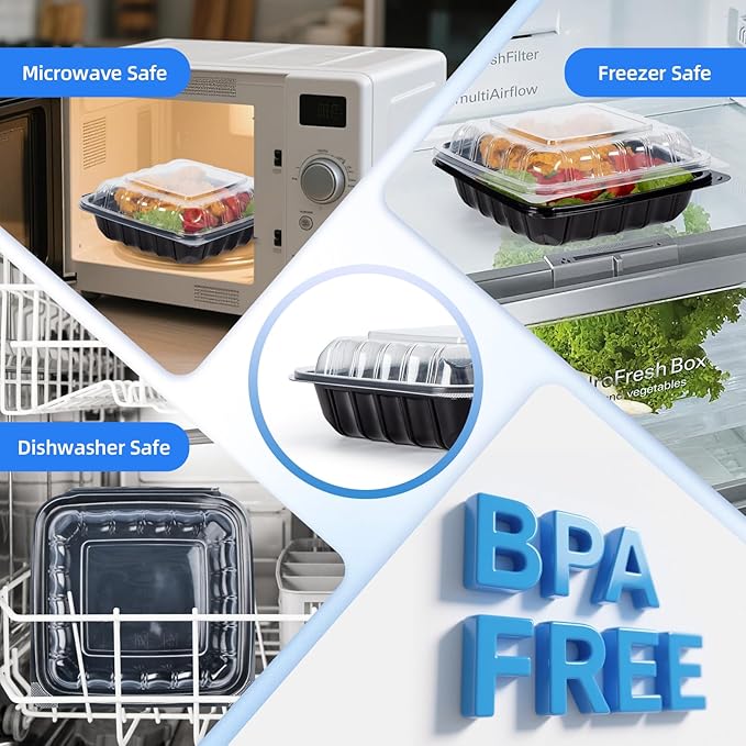 YANGRUI Takeout Containers 8" 34 oz 25 Pack - Steam Resistant Clamshell Lid | Shrink Wrap BPA Free PP Plastic | Reusable Heavy Duty Freezer & Microwave Safe | Restaurant 3 Compartment Food Container