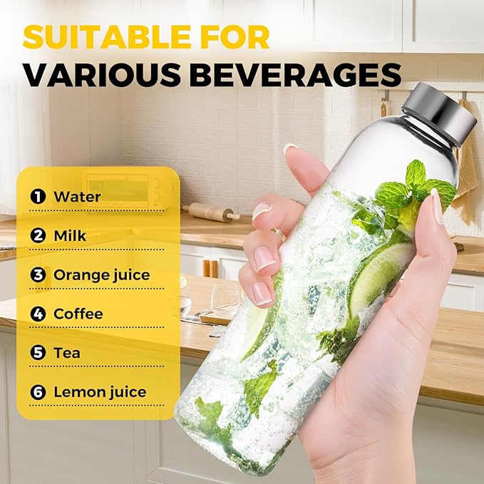 Set of 6 Clear Glass Water Bottles with Lid 18oz for Juicing Reusable Bottle Glass Cup with Stainless Steel for Juicing, for Halloween Refrigerator 100% Leak Proof Drinking Jar, BPA Free