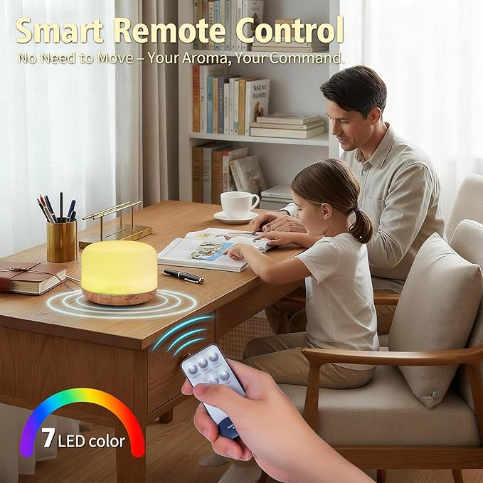 500ML Essential Oil Diffuser, Home Aroma Diffuser, Humidifier for Bedroom Large Room, Quiet 5-in-1 Humidifier: 7 Color LED, 2 Mist Mode, Remote Control, Timer, Waterless Auto Off-Wood Bottom