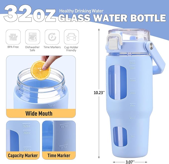 BLUEGO 32oz Glass Water Bottle with Handle and Straw|Leakproof Sports Glass Bottle with Time Marker and Silicone Sleeve|Glass Drinking Bottle for Travel, Gym, Workout, Blue