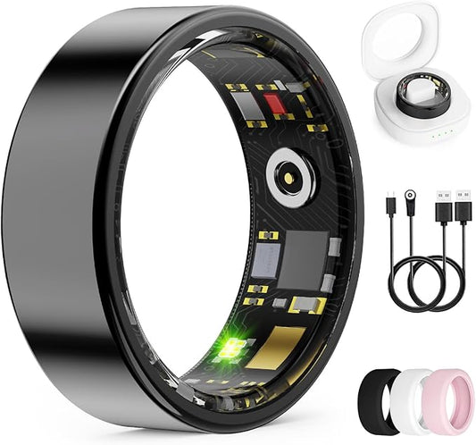 Smart Ring for Women & Men, Health Monitoring Ring with Heart Rate, Blood Oxygen,Blood Pressure, IP68 Waterproof Fitness Ring, Sleep Monitoring for iPhone and Android, No APP Fee (Black,14#)