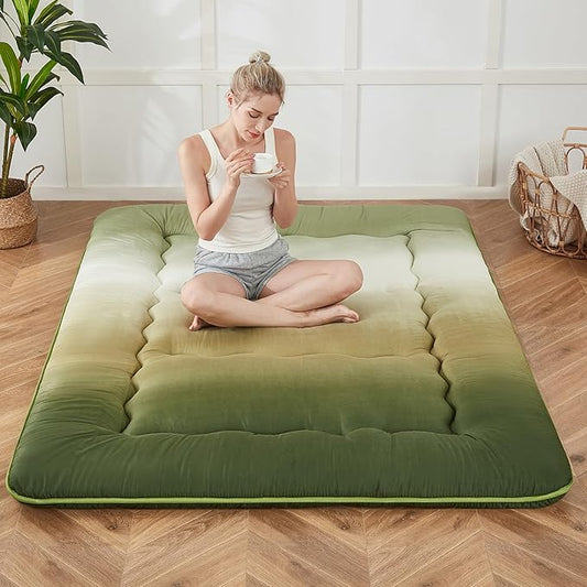 Japanese Floor Mattress, Futon Mattress with Portable Storage Bag and Washable Cover, Roll Up Thick Tatami Mat Suitable for Camping, Guest Room (Forest Gradient, Full)