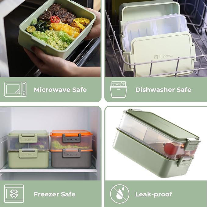 linoroso Stackable Bento Box Adult Lunch Box | Meet All You On-the-Go Needs for Food, Salad, and Snack Box, Premium Bento Lunch Box for Adults Include Utensil Set, Dressing Containers - Pale Mint