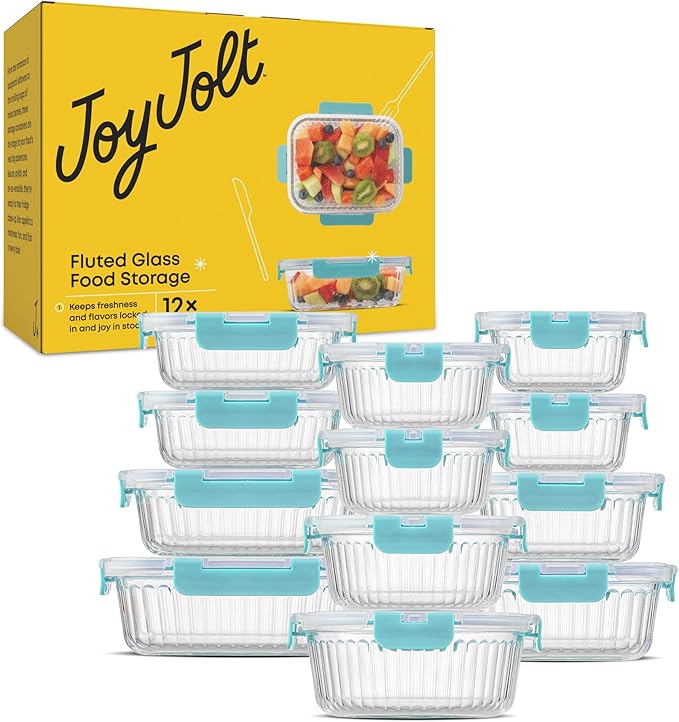 JoyJolt 24pc Borosilicate Glass Storage Containers with Lids | 12 Airtight/Freezer Safe Food Storage Containers for Pantry and Kitchen | Meal Prep Container for Lunch | Glass Tupperware Set