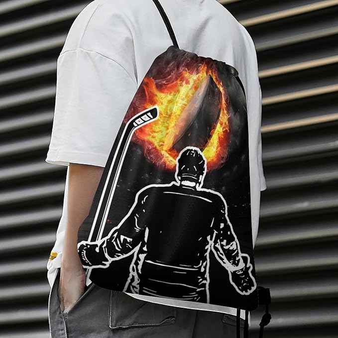 Hockey Drawstring Backpack - Cool Cinch Sack, String Backpacks for Kids Women Men Boys Girls for Gym Outdoor Sports Travel Athletic Drawstring Bag - Lightweight/Foldable