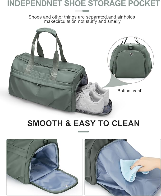 Gym Bag for Women Men, Sport Duffel Bag with Toiletry Bag & Shoe Compartment,Waterproof Travel Weekender Overnight Carry on Bag for Yoga with Trolley Sleeve, Green Set