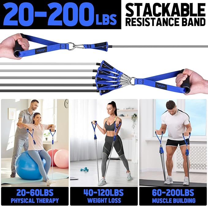 WALITO Resistance Bands Set - Exercise Bands with Handles, Door Anchor, Legs Ankle Straps, for Heavy Resistance Training, Physical Therapy, Muscle Training, Yoga, Home Workouts, Gym