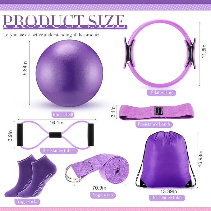 Poen Home Pilates Kit for Women Pilates Equipment Ring and Ball Set with Stretching Strap 8 Resistance Bands Non Slip Socks Gym Back Bags Exercise Equipment for Workout